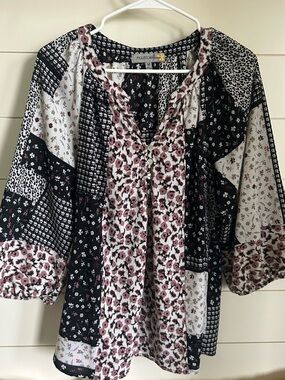 Floral Patchwork Boho Blouse in Black and Mauve